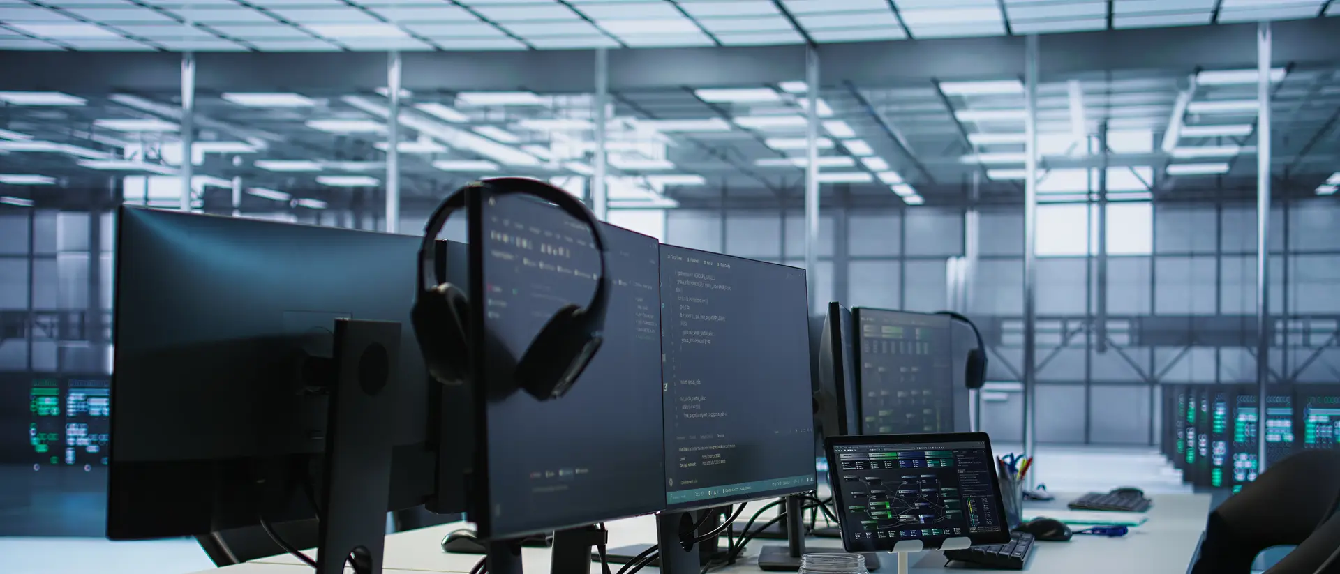 Engineering workstations on an Aeterna Group IT operations floor beside server racks